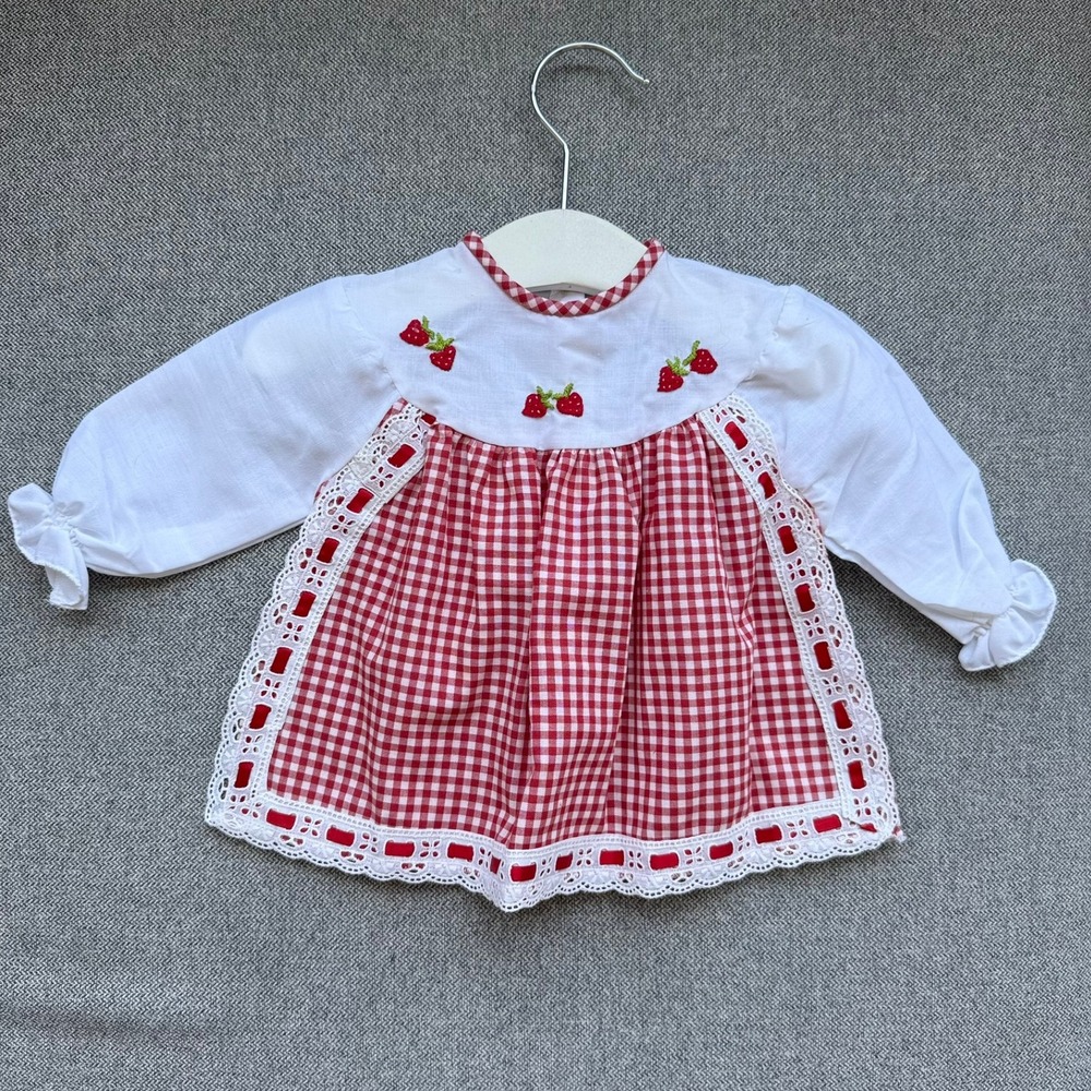Vintage Baby Girl Gingham Strawberry Dress Red White Lace Trim Long Sleeve